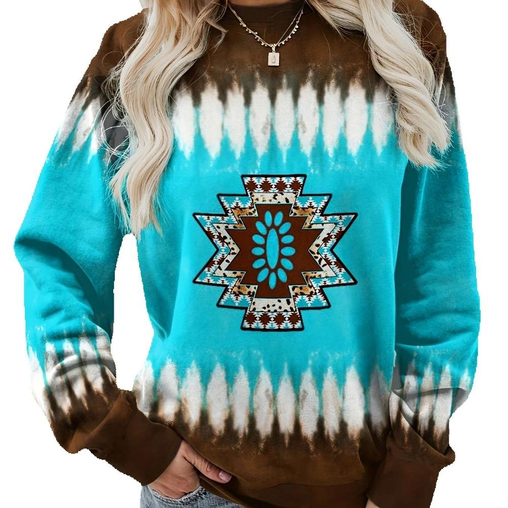 Women's Western ethnic print thin sweatshirt Retro geometric print round neck long sleeve top for women