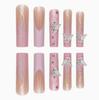 24Pcs Long Coffin Pink French Press On Nails, 3D Flower & Butterfly Rhinestone Decor Fake Nails for Women