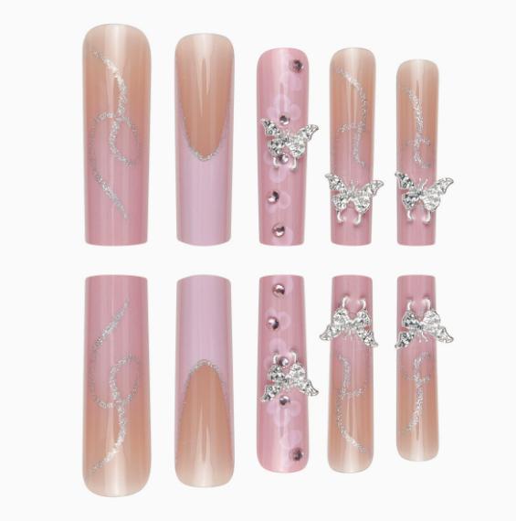 24Pcs Long Coffin Pink French Press On Nails, 3D Flower & Butterfly Rhinestone Decor Fake Nails for Women