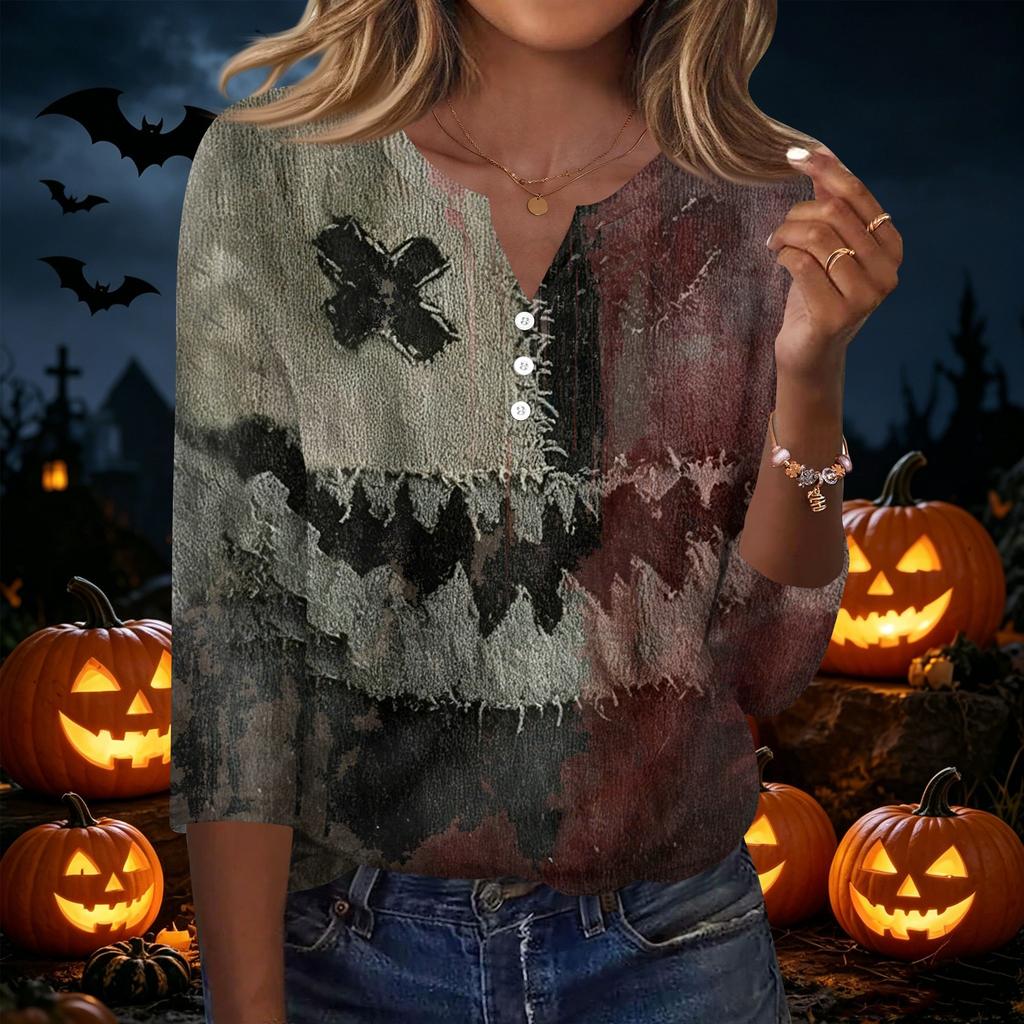 Women's Halloween Printed V Neck Button Front Three Quarter Sleeve Casual Top Lightweight Soft Fabric Comfortable Fit