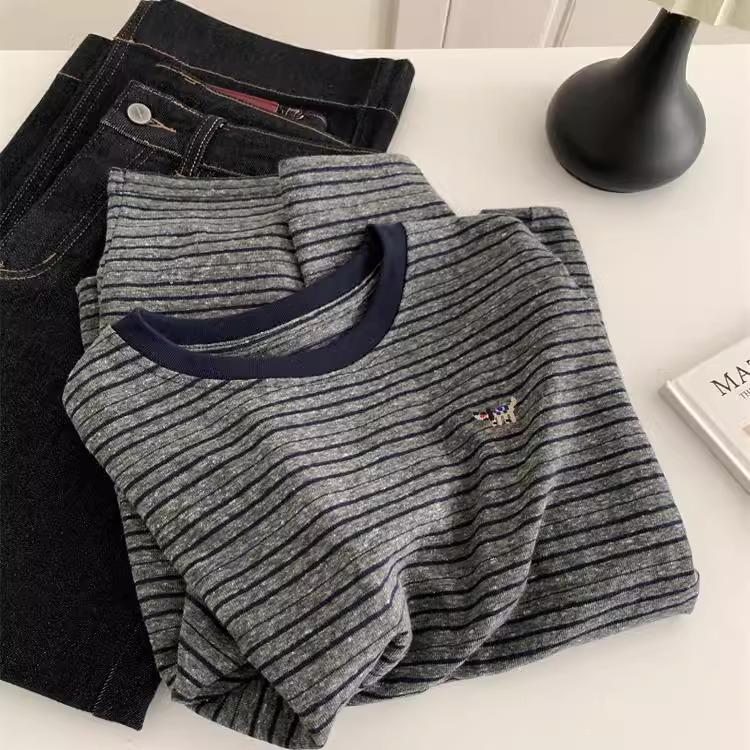 

Ретро цветной блок полосатая футболка с круглым вырезом и длинным рукавом с вышивкой щенка для женщин, повседневная свободная посадка осень/зима. XL