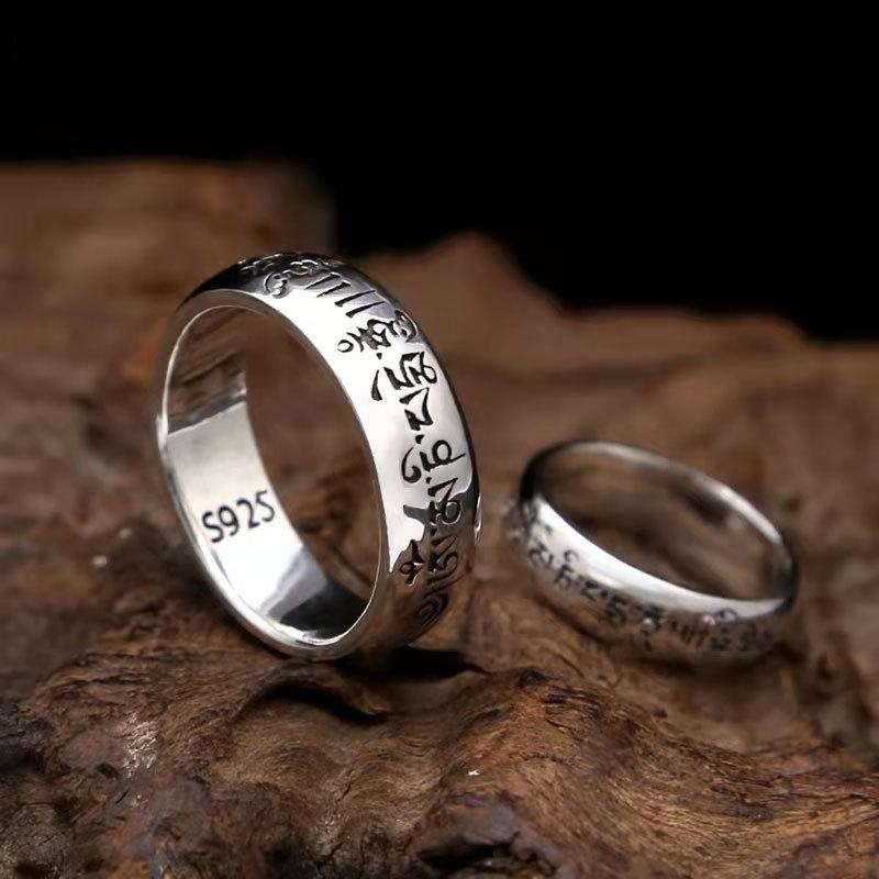 925 Silver Plated Retro Thai Six-Character Mantra Ring for Men & Women - Trendy Tibetan Silver Couple Pinky Ring