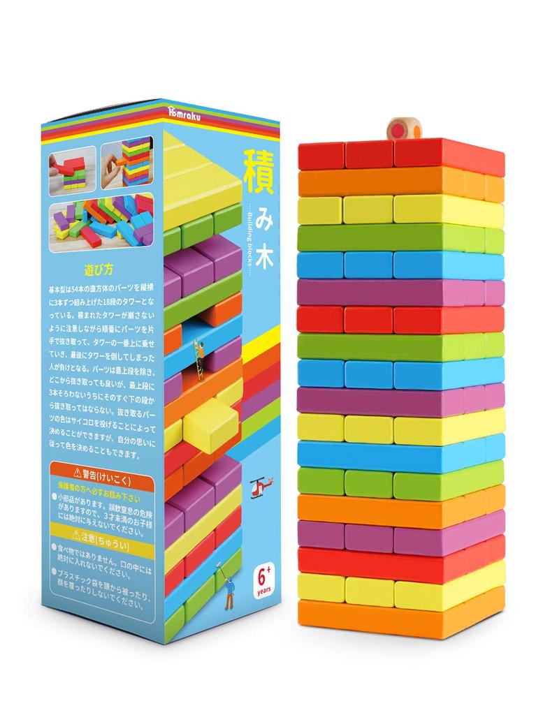 Homraku Dřevěná Balanční 3D Deska Stavební Domino Stolní Hra 54 pro Věk 6 a Více Hra, Puzzle, Hra, Kostky, Kostky, (6 barev, kusů)