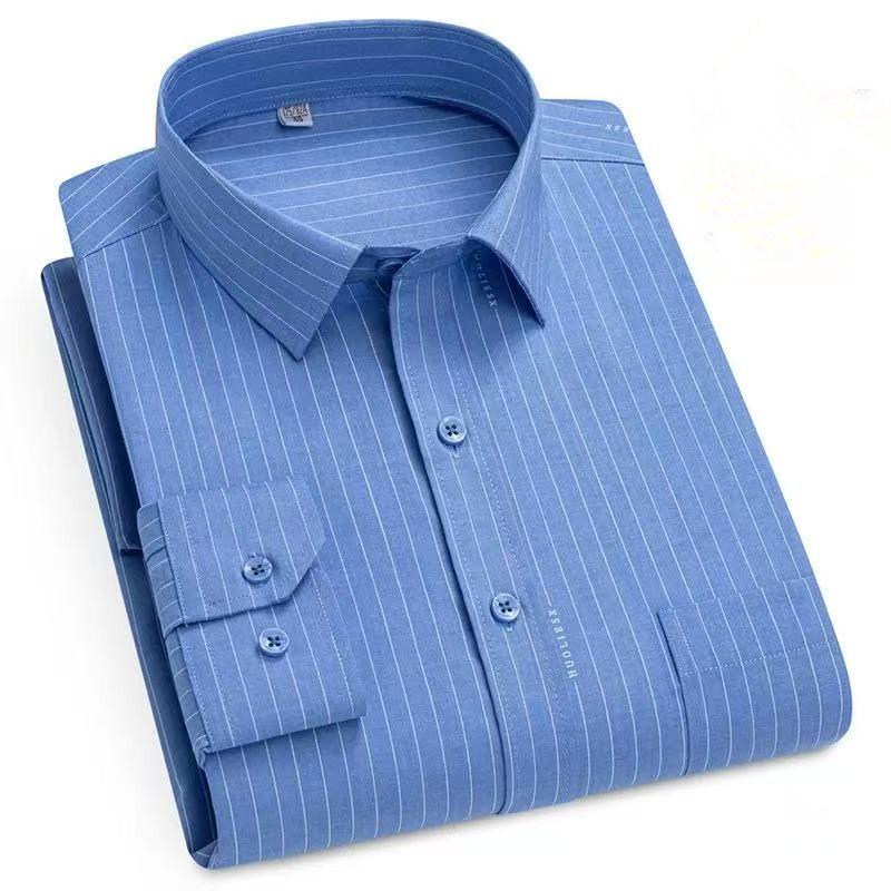 Men's Striped Plaid Shirt Long Sleeve Anti-Wrinkle Formal Soft Fashion Casual Business Pocket Office Shirts Men Clothing S-5XL