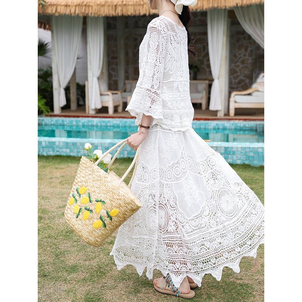 DIMANAF 2025 Women New Suit Skirt Knitting Beach Short Sleeve Lace Hollow Out Sexy O-Neck Hollow Summer Style Tops Tees Loose Basic