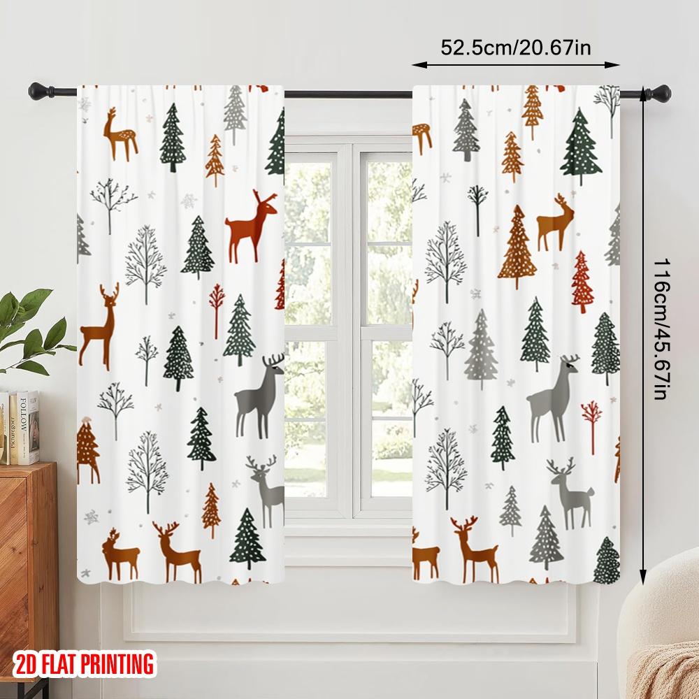 2Pcs,2D Plane Printing Curtains&Window Treatment Christmas Reindeer Snowflakes 100% Polyester (Without Rod) Outdoor Decorations