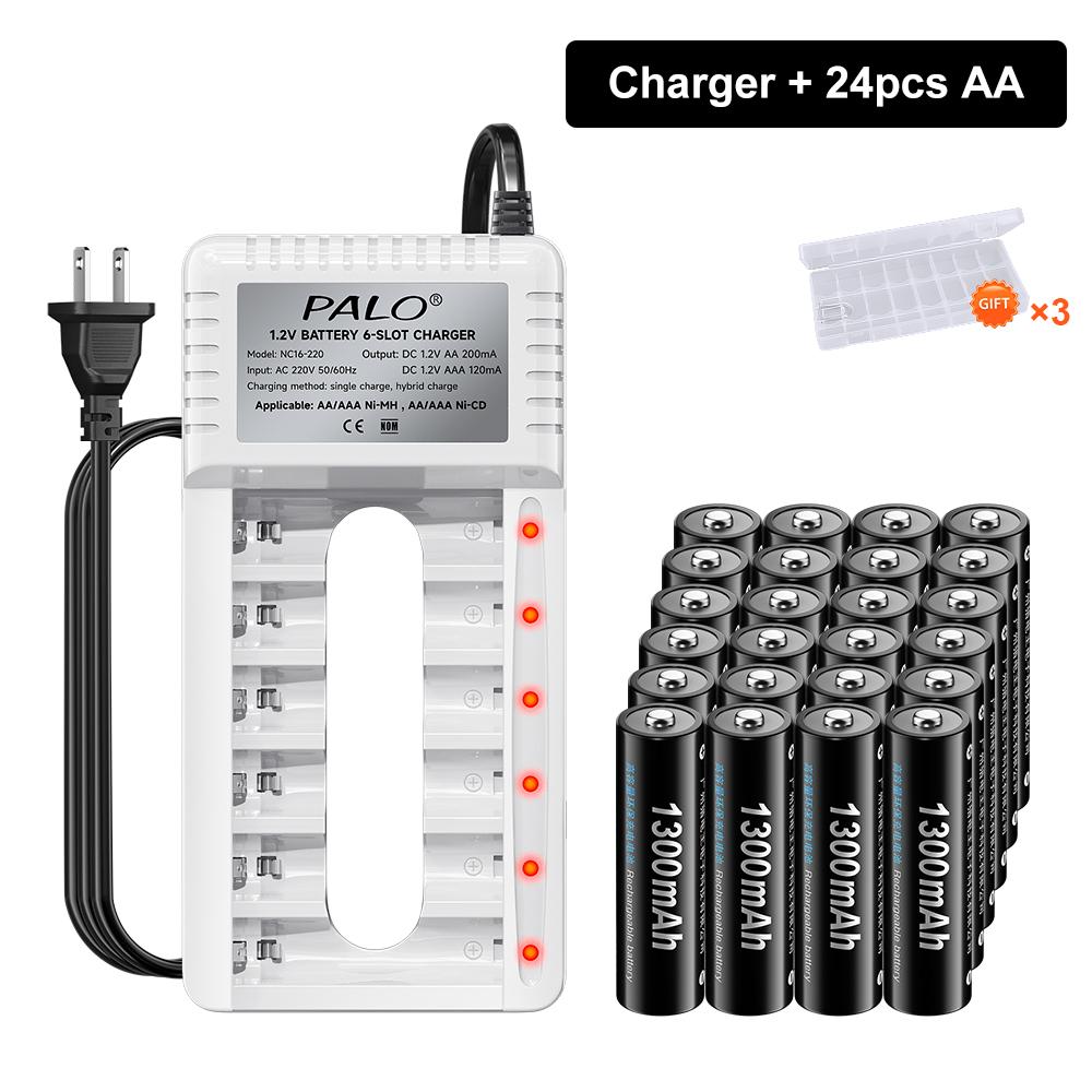 PALO Rechargeable Battery AA 1.2V Ni-MH Batteirse AA(HR6) 1300mAh and AAA(HR03) 600mAh NI-MH 2A/3A Rechargeable Batteries+6-slot charger