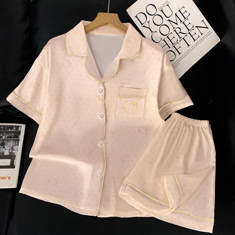 High-End Summer Light Luxury Ice Silk Cool Pajamas Women S Loungewear Short-Sleeved Outer Wear Suit M