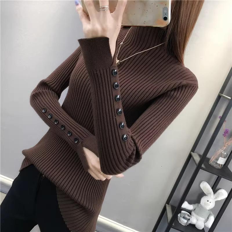 Half High Neck Sweater for Women Autumn and Winter Thick Slim Pullover Sweater Button Slit Sleeve Top Knitted Sweater for Women