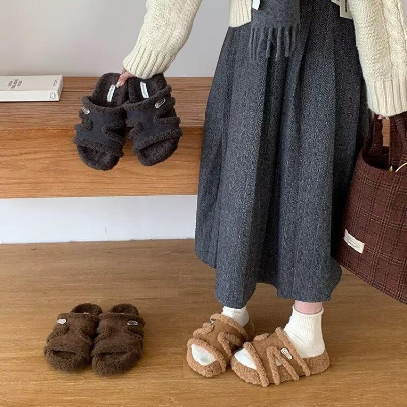 Autumn and winter new open-toe thick-soled fur slippers women s fashion and versatility casual and warm winter slippers 40 темно-коричневого 3370₽