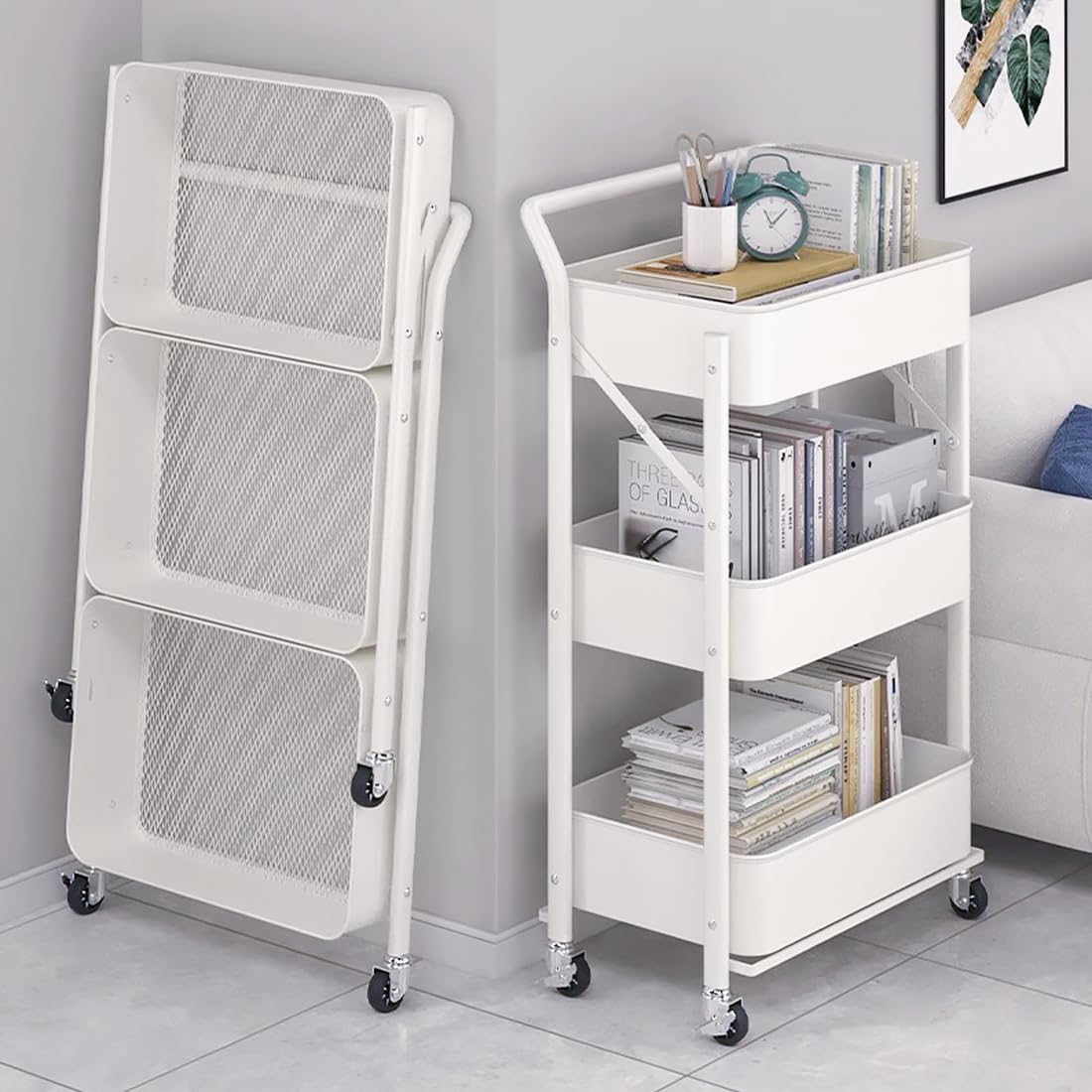 

Не требует сборки, 3-ярусная складная стальная кухонная тележка, 46 см шириной x 29,5 см глубиной x 87 см высотой, тележка с корзинами, стеллаж с корзинами, ручка, кухонная полка,