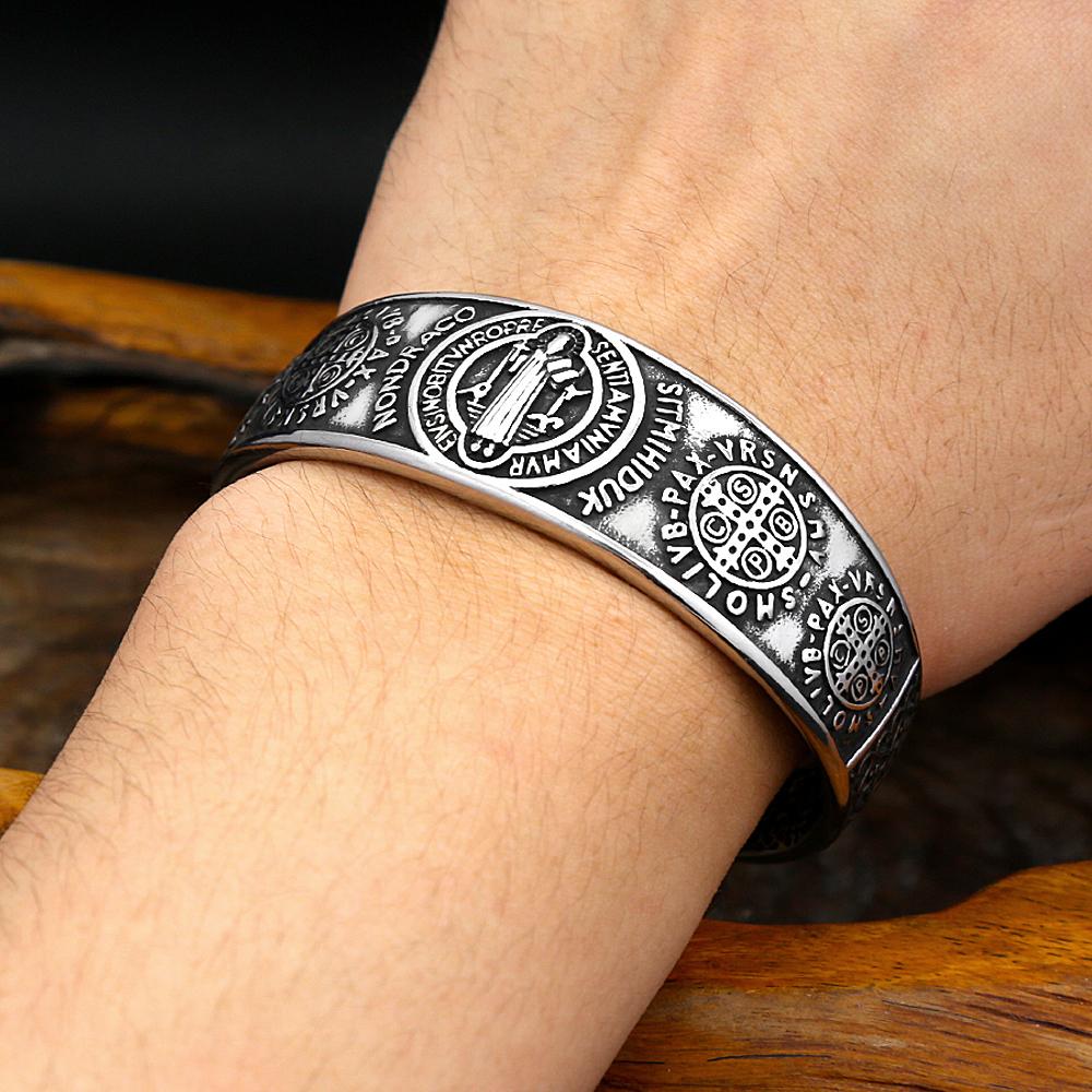 Vintage Saint Benedict Exorcism Bracelet for Men Women Stainless Steel Hip Hop Biker Opening Amulet Bangle Creative Jewelry Gift