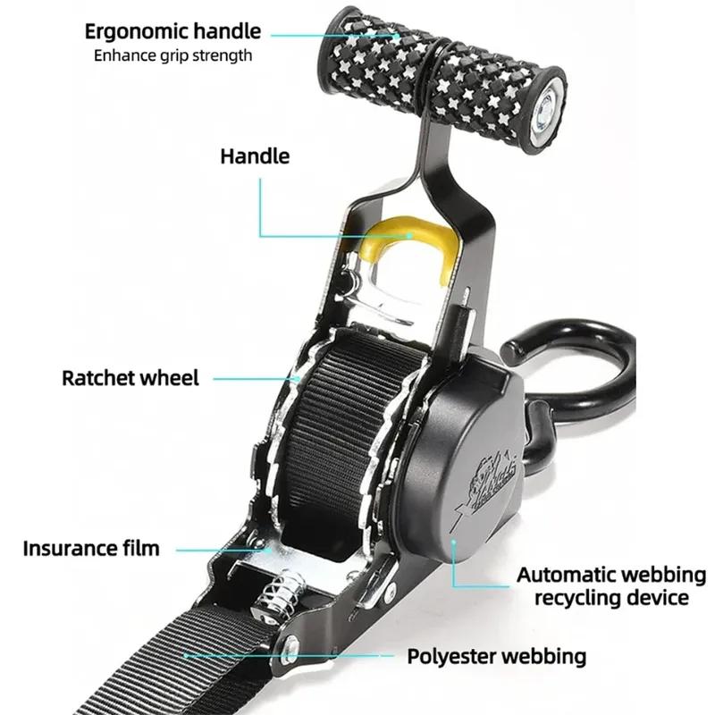 2pcs Auto Retractable Ratchet Tie Down Straps 1500lbs 3.3m Heavy Duty Padded Handle Secure Cargo Motorcycle Luggage
