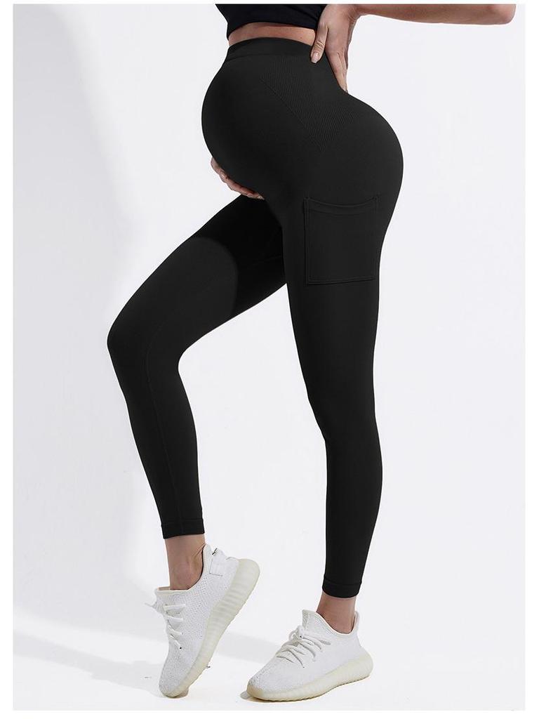 Women's Seamless Maternity Yoga Pants with Pockets - Nine-Point, Hip-Lifting, Slimming Leggings