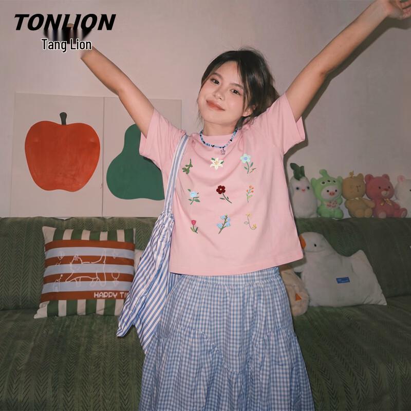 TonLion Women s Pure Cotton Embroidered Floral Short Sleeve T-Shirt XL