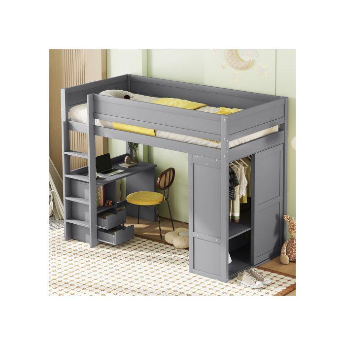 Lit Mezzanine - MUVOE - 90x200cm - Armoire Intégrée - Bureau Pratique - Tiroirs De Rangement