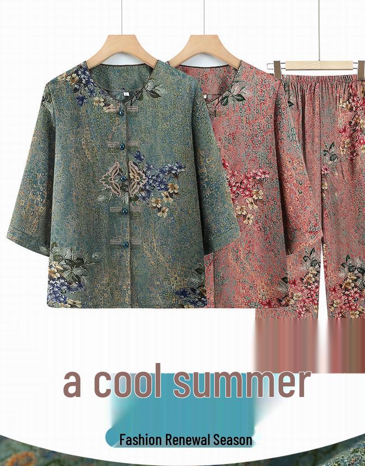 Mother's Day Summer Mid-Sleeve Set for Grandma – Casual Two-Piece Outfit for Middle-Aged and Elderly Women