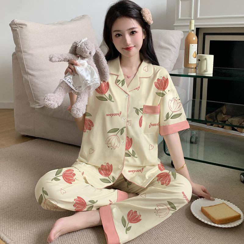 Contrasting color imitation cotton pajamas women's summer short-sleeved trousers small floral large-size loungewear medium mother suit