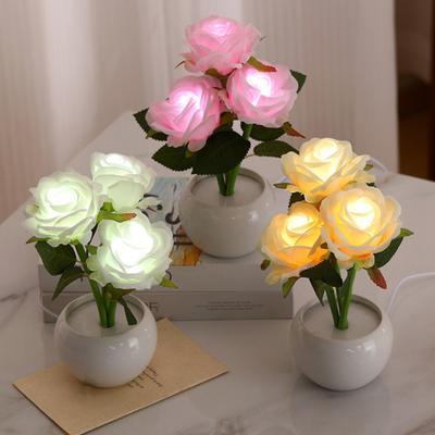 Rose Nachtlicht Künstliche Blume LED Nachttischlampe Tischlampe Kunstrose mit Keramikvase Romantisch