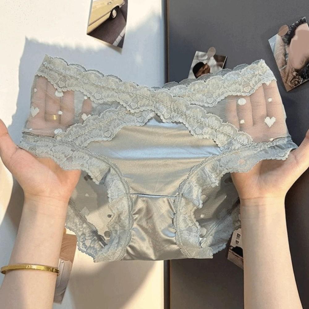 Transparent Lace Flower Panties Satin Silk Lace Mesh Briefs Lingerie French Style Briefs  Gifts