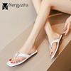 Fashion Luxury Rhinestone Buckle Flip Flops Woman Flats Heeled Slides Shoes Summer Cut-Out Slippers Home Ladies Clip Toe Sandals