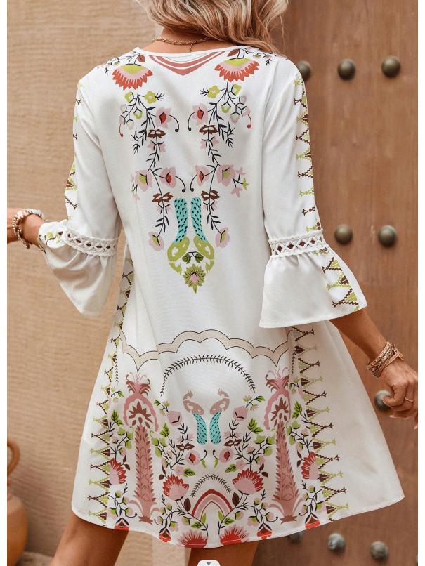 2026 Women's Summer V-neck Lace Patchwork Casual Printed Dress