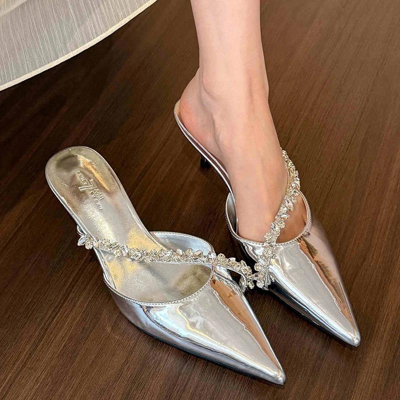 Summer Women's Crystal Mules Slippers Elegant Cover Toe Dress Slides Ladies Dancing Party High Heel Shoes
