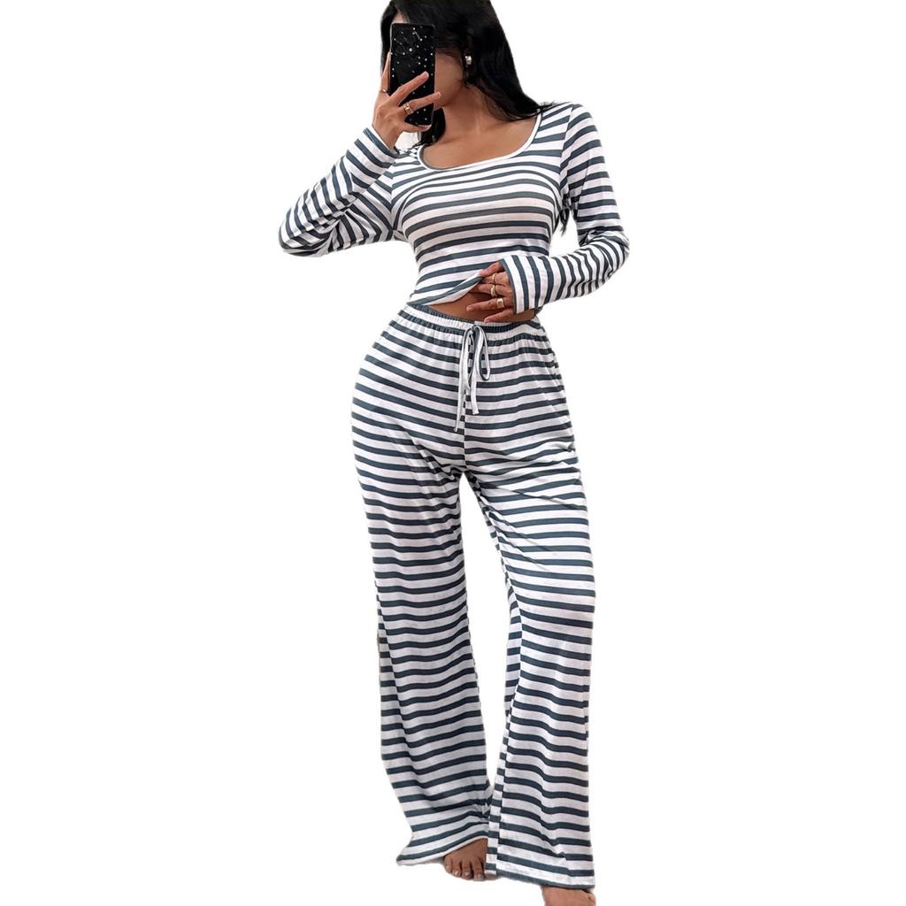 Women's Two-piece Set with A Square Trendy Striped Design Comfortable Casual Pajama New Striped Long-sleeved Wide-leg Pants