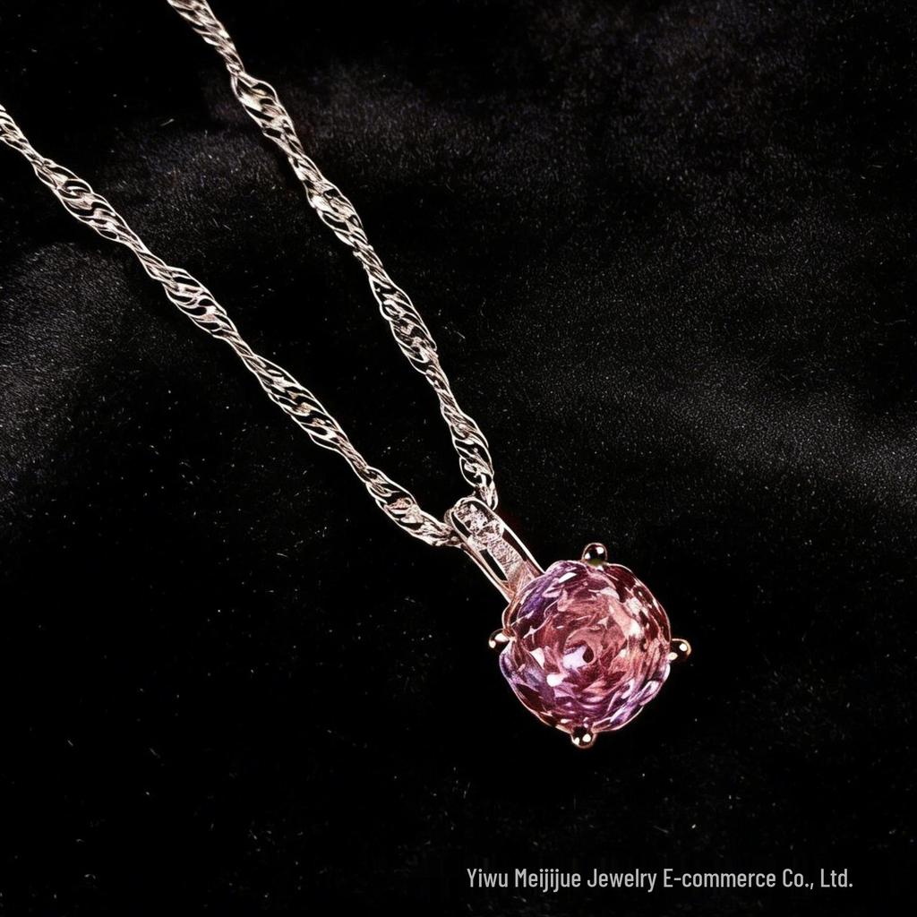 Wszechstronny zestaw biżuterii: Różowy naszyjnik z diamentami i fioletowym wisiorkiem z pierścionkiem o szlifie kwiatu lodowego dla kobiet