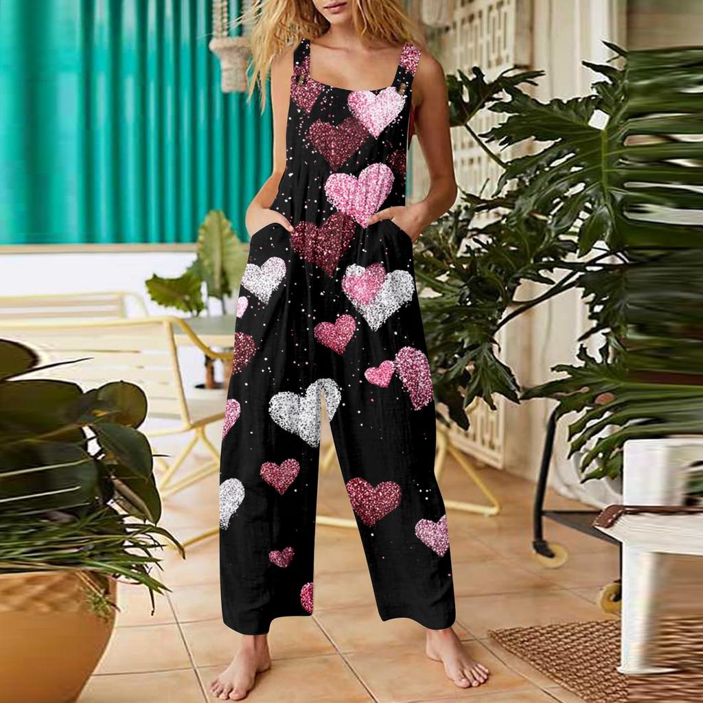 Women's heart,shaped printed casual loose retro overalls cotton and linen one,piece pants