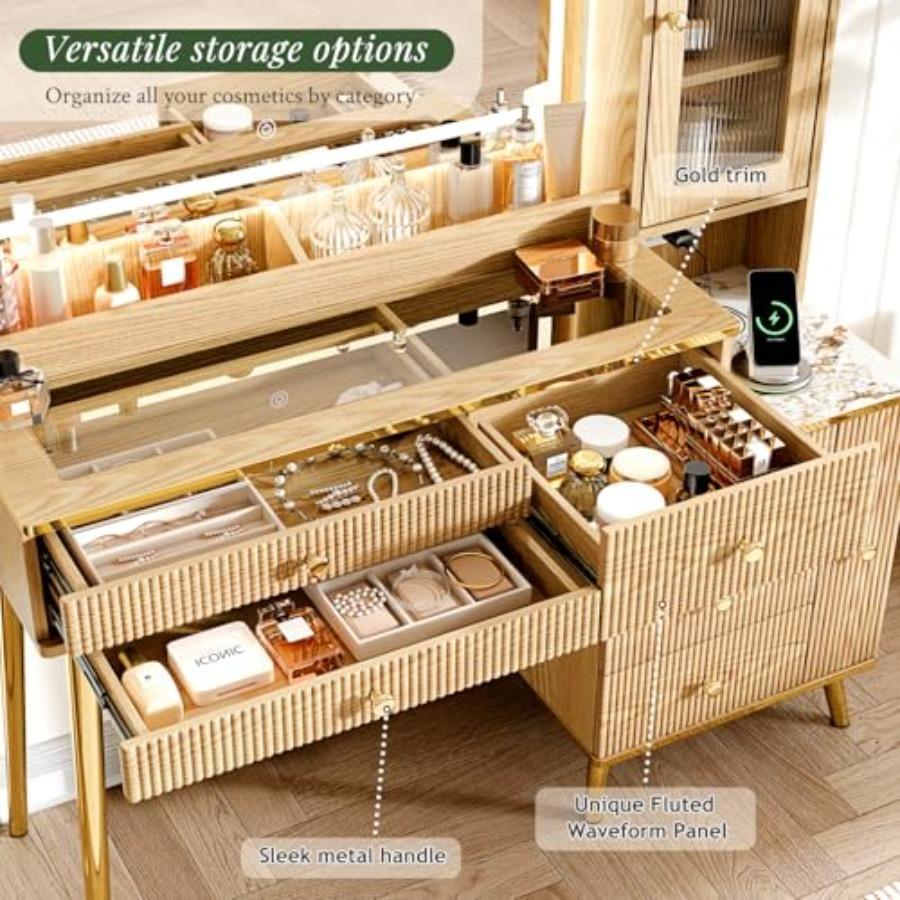 Vanity Desk with 35.12" HD Lighted Mirror, 46.85" Big Modern Vanity Desk with Mirror and Lights, Makeup Vanity with 7 Drawers a