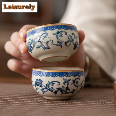 70 ml chinesische blau-weiße Keramik-Teetasse, beige, Ru-Ofen-Porzellan, Meditationstasse, kleine Verkostungs-Meistertasse, emaillierte Teeschale