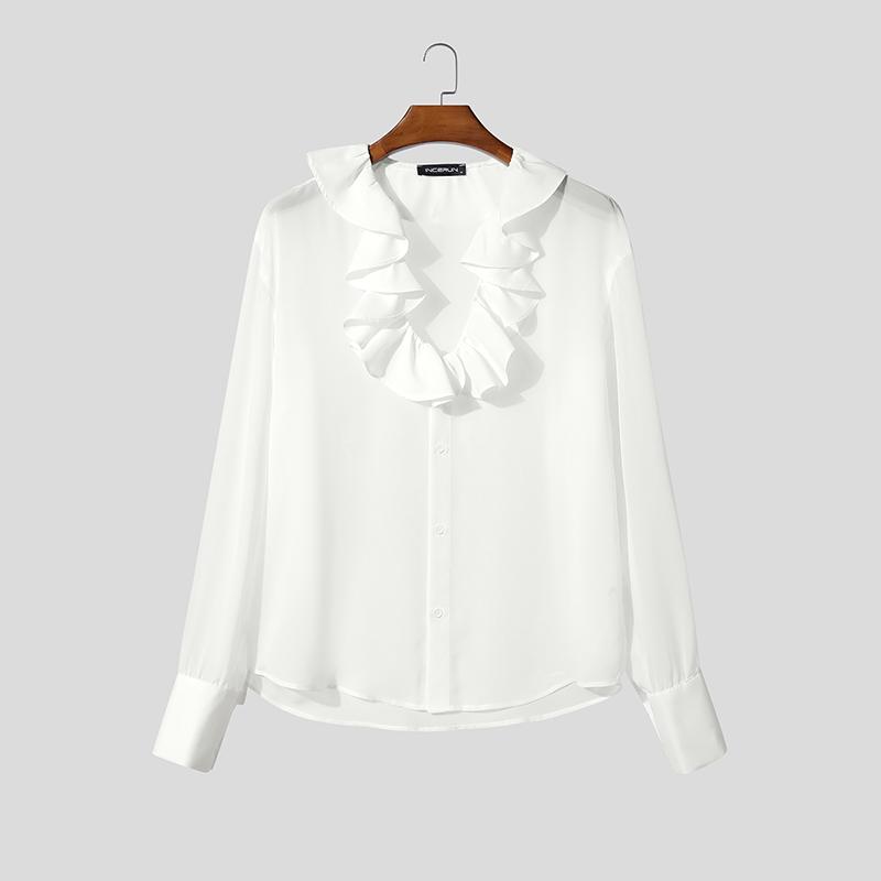 INCERUN Men Long Sleeve Stand Ruffled Neck Shirts Casual Buttons Mesh Sheer Tops