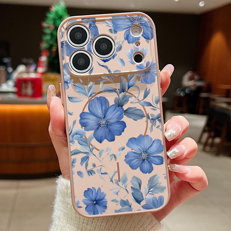 Magnetic For Magsafe Case For iPhone 17 Pro Max Pale Blue Flowers Pattern Skin Feeling Cover For iPhone 16 15 14 13 Pro Max