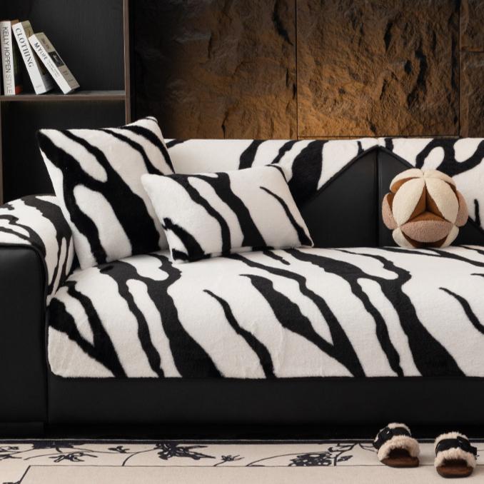 1pc Zebra Stripe Plush Sofa Cover - Warm, Thick, and Cozy Couch Slipcover All-Season Furniture Protector for Bedroom, Office, Living Room Decor