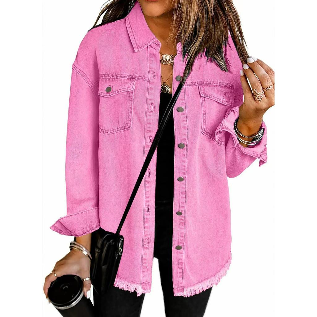 Washed Denim Shirt Jacket Women Autumn and Winter Personality Street Style Edging Hem Jacket Women