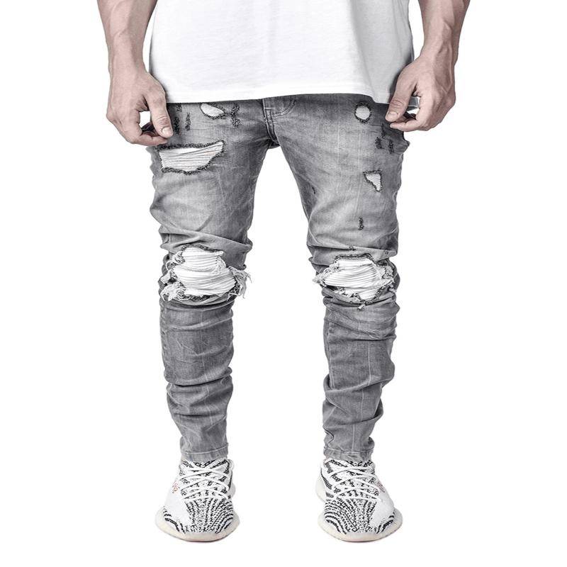 Men's Stretch Denim Skinny Pants Motorcycle Ripped Black Jeans