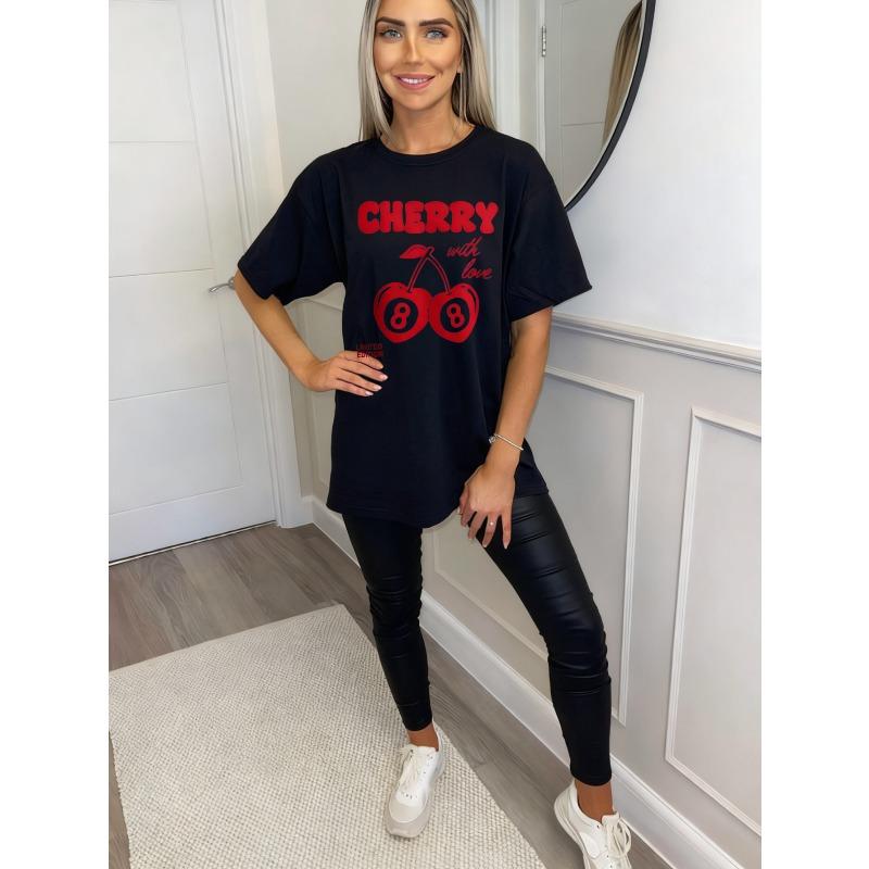 Cherry With Love Oversized T Shirt Black Cherry 8 Ball Graphic Print Limited Edition Women Casual Summer Top Fashion Statement Piece Streetwear Style