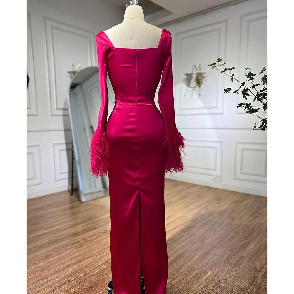 Rose red satin feather covering meat long sleeve fishtail high-end banquet celebrity host art test LA11981