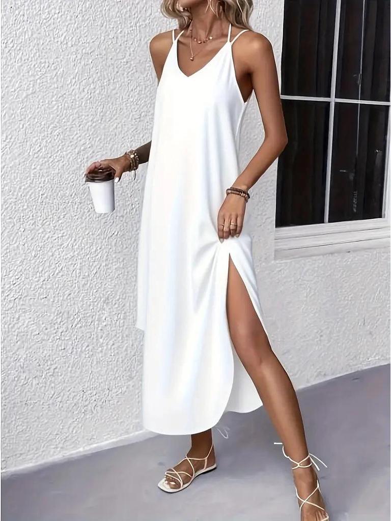 European & American Women's Solid Color Sleeveless Maxi Slip Dress
