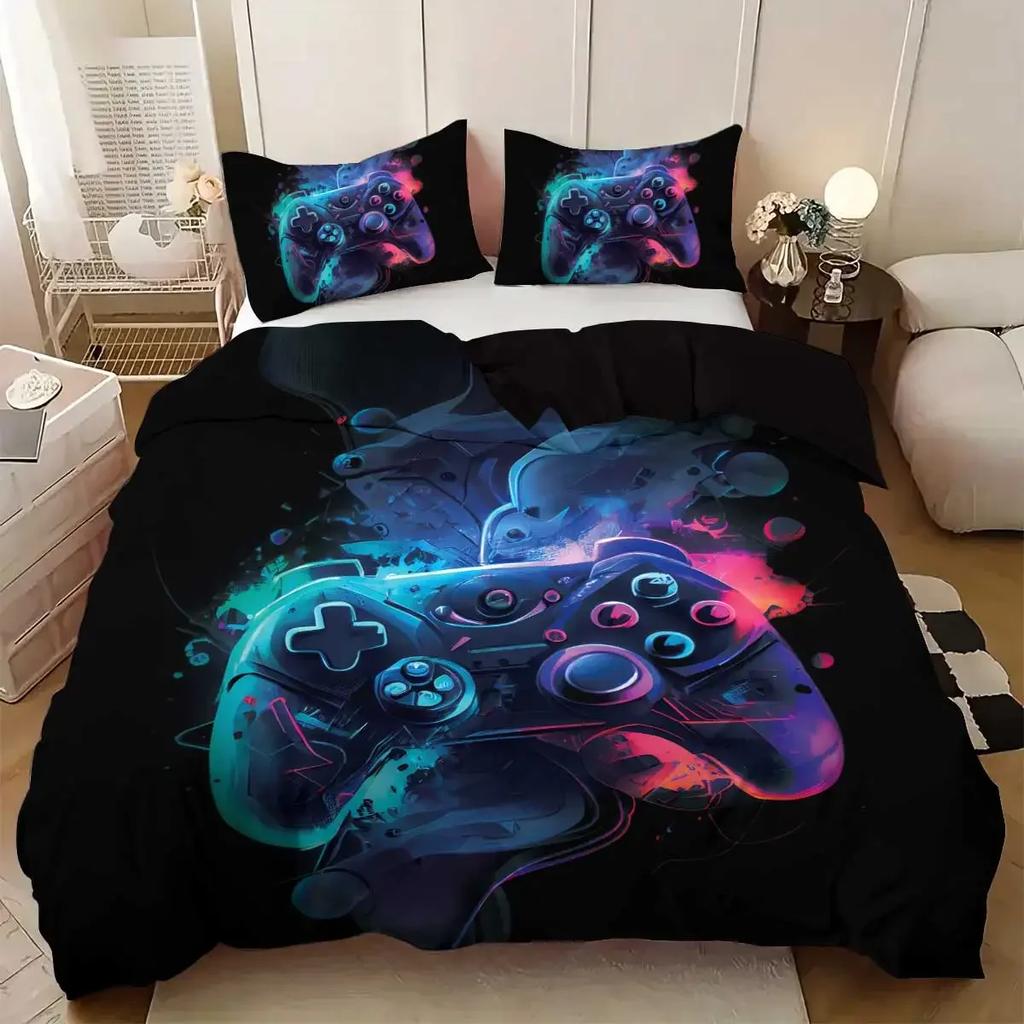 3pcs Game Controller Pattern Bedding Set 1 Duvet Cover and 2 Pillowcases for Teenagers and Adult's Bedroom Birthday Gift