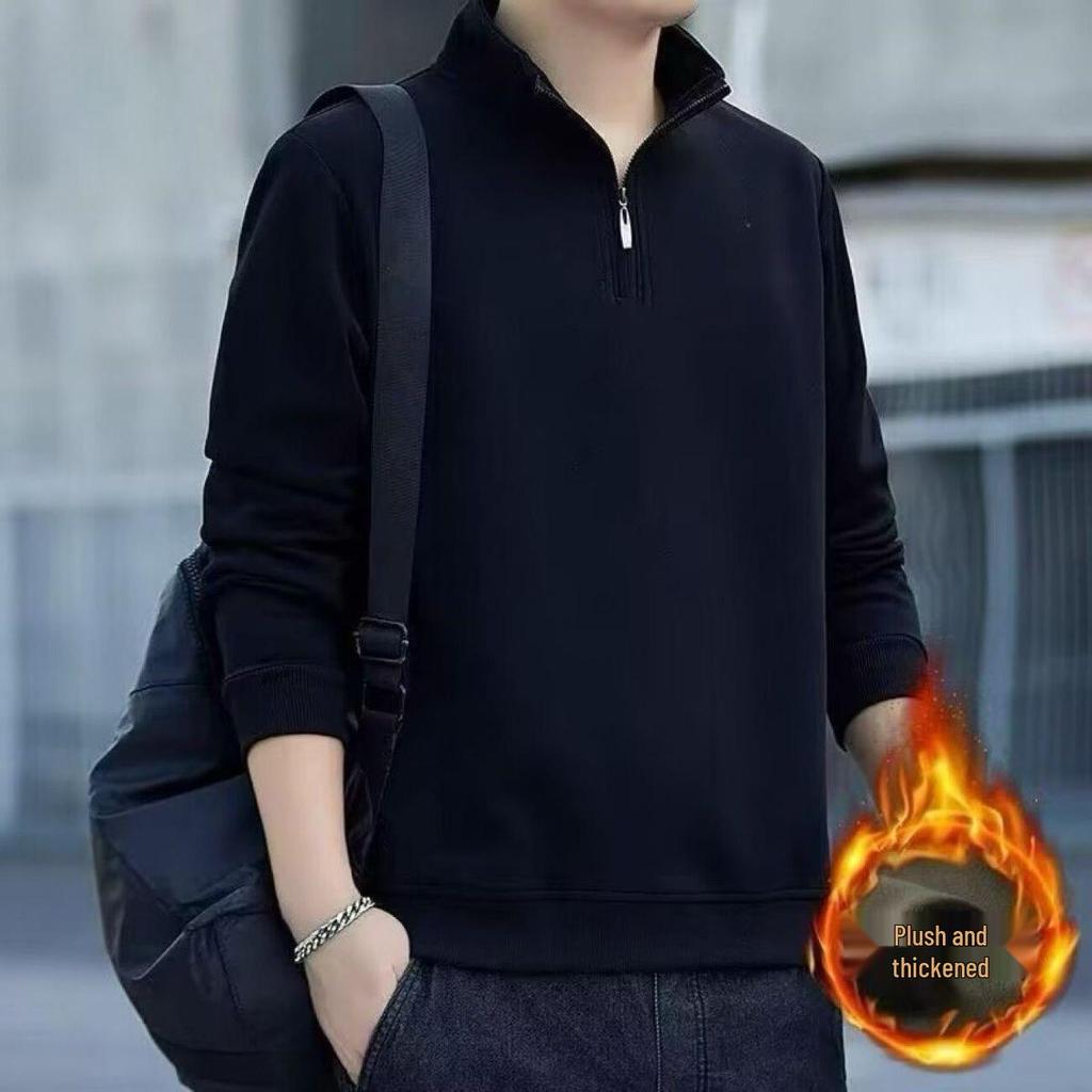 Men's Long Sleeve Stand Collar Hoodie with Half Zip, Plus Velvet Thick Casual Pullover for Autumn and Winter