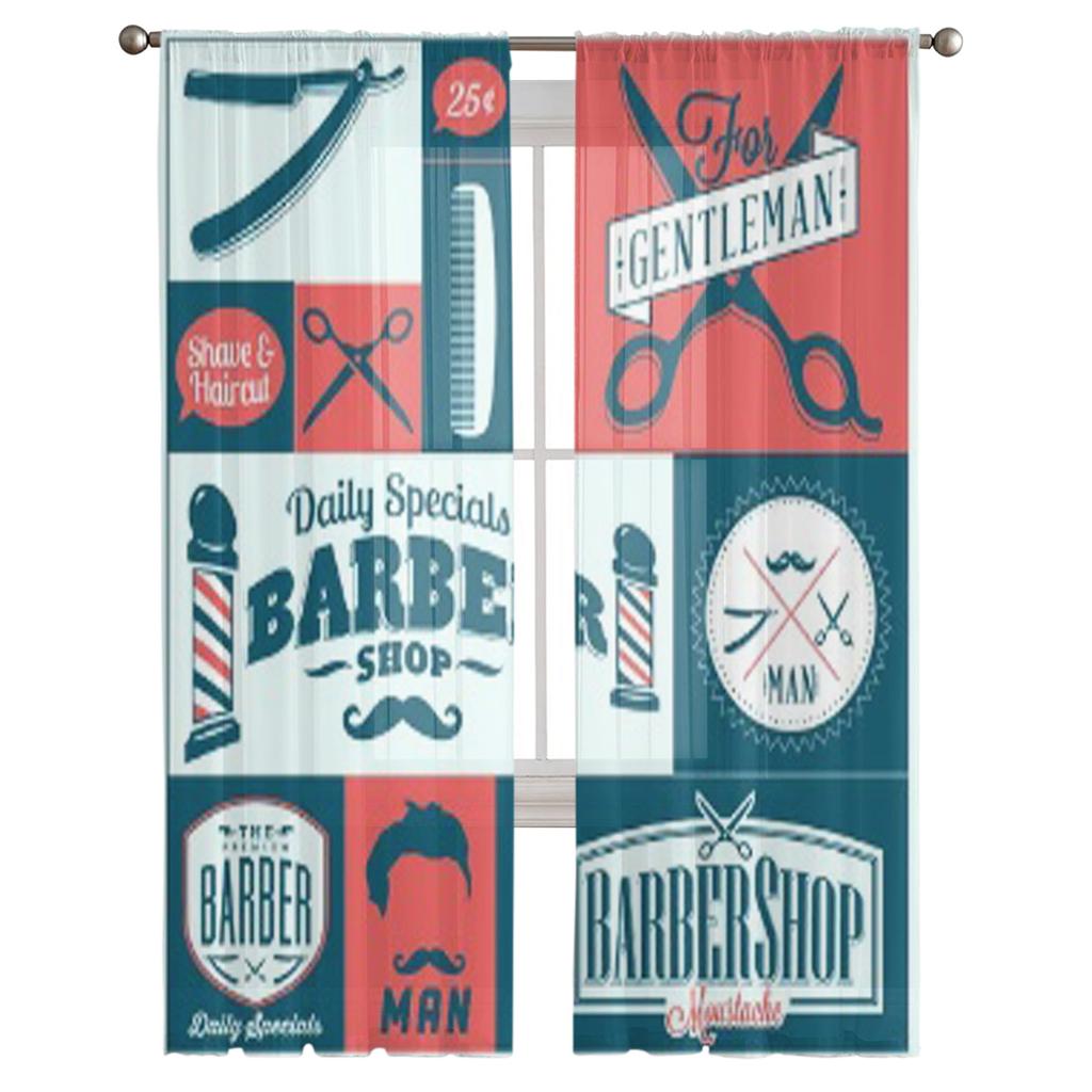 Set Of Vintage Barber Shop Graphics And Icons Chiffon Sheer Curtains for Living Room Bedroom Decor Window Voiles Tulle Curtain