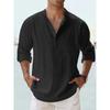 Men's Linen Stand-up Collar Long-sleeved T-shirt Loose Undershirt Solid Color Long-sleeved Cotton and Linen Shirt Men's