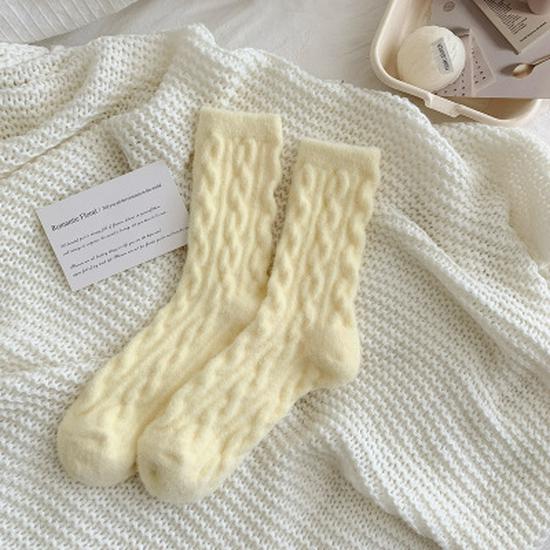 Women's Thick Fluffy Cable Knit Mid-Calf Plush Socks for Cold Weather and Postpartum Comfort