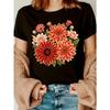 Women'S Black Short Sleeve T-Shirt with Large Red Pink Dahlia Floral Print | Casual Loose Fit, Crew Neck,  Skin Friendly Fabric, Elegant Crew Neck