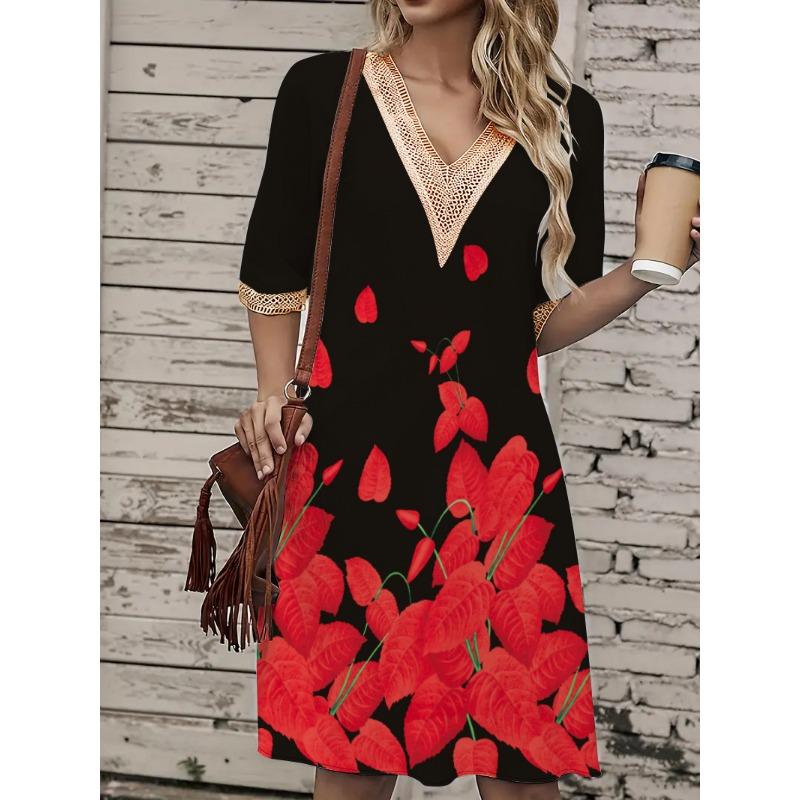 Damen Frühling/Sommer Printkleid Spitze V-Ausschnitt Loose Swing Kurzarm Mittellanges Kleid