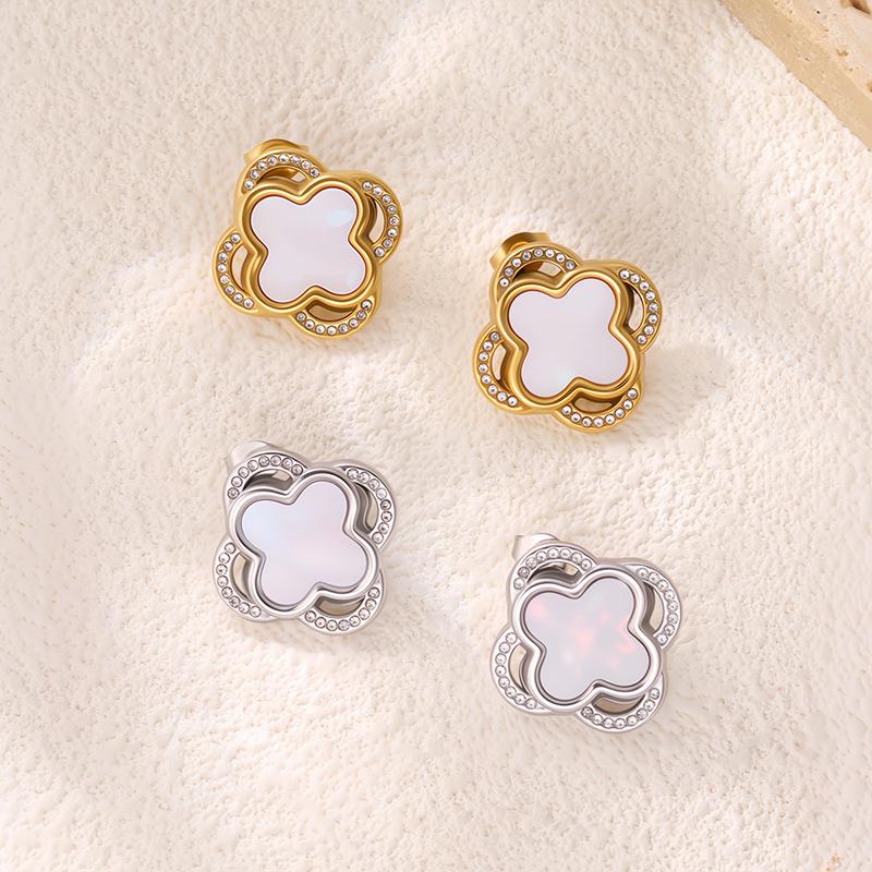 Exquisite Double-Layer Four-Leaf Clover Shell Titanium Steel Stud Earrings - Women's Non-Fading Jewelry