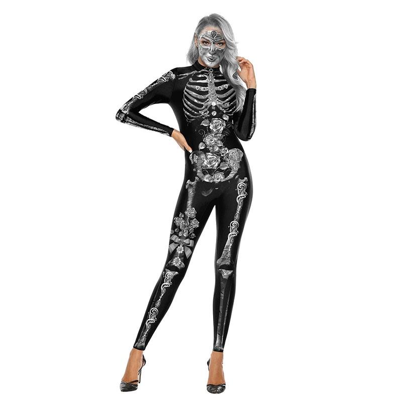 Fashionable Skeleton Jumpsuit For Women With Long Sleeves And Zipper Design