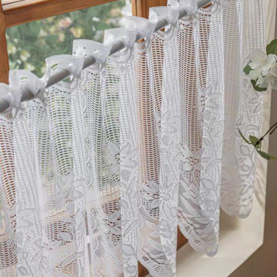 Short Lace Curtains for Windows White Kitchen Curtain, Rustic Floral Over Sink Softened Light Privacy Screens Sheer Scalloped Small Cafe Curtain